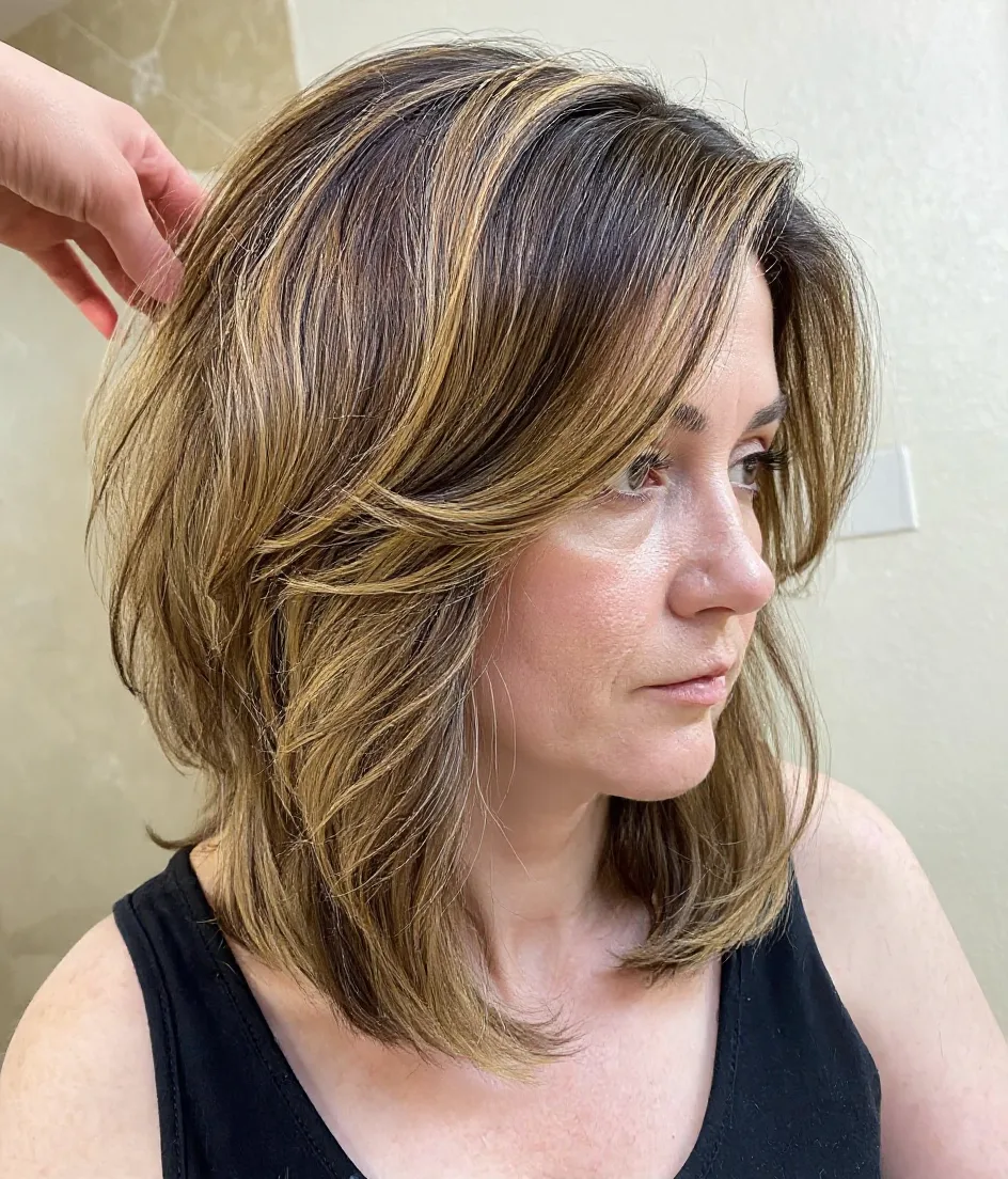 Golden Brown Layered Shoulder-Length Lob with Honey Highlights